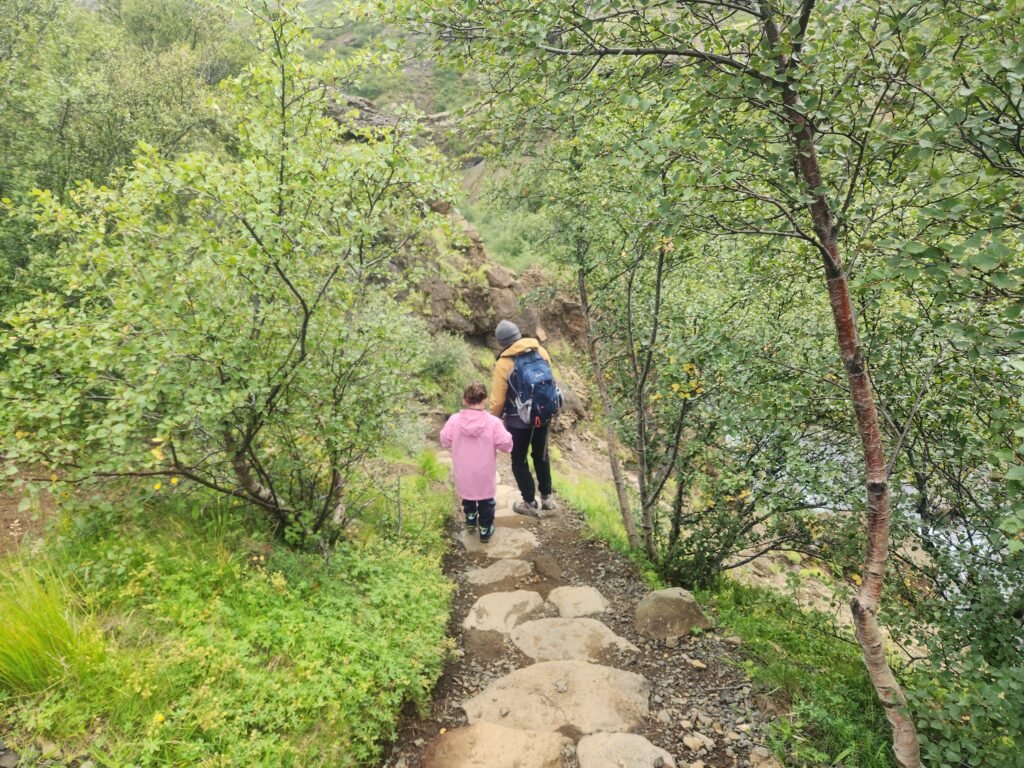 Stairs leading to cave, Glymur Waterfall